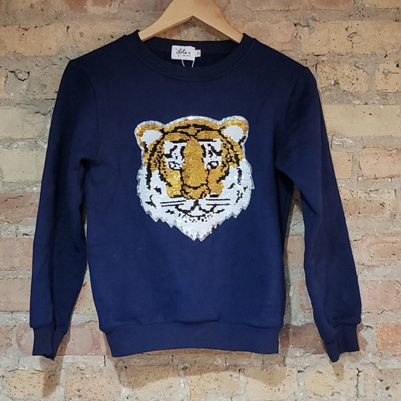 Lola & The Boys Tiger Flip Sequin Sweatshirt 12 - Picture 1 of 5